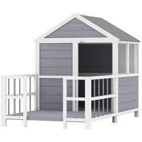 Outdoor Dog House, 61"L Wooden Dog House with Porch, Weatherproof Roof, Elevated Base, Air Vents & Observation Windows Outdoor Dog House, 61"L Wooden Dog House with Porch, Weatherproof Roof, Elevated Base, Air Vents & Observation Windows